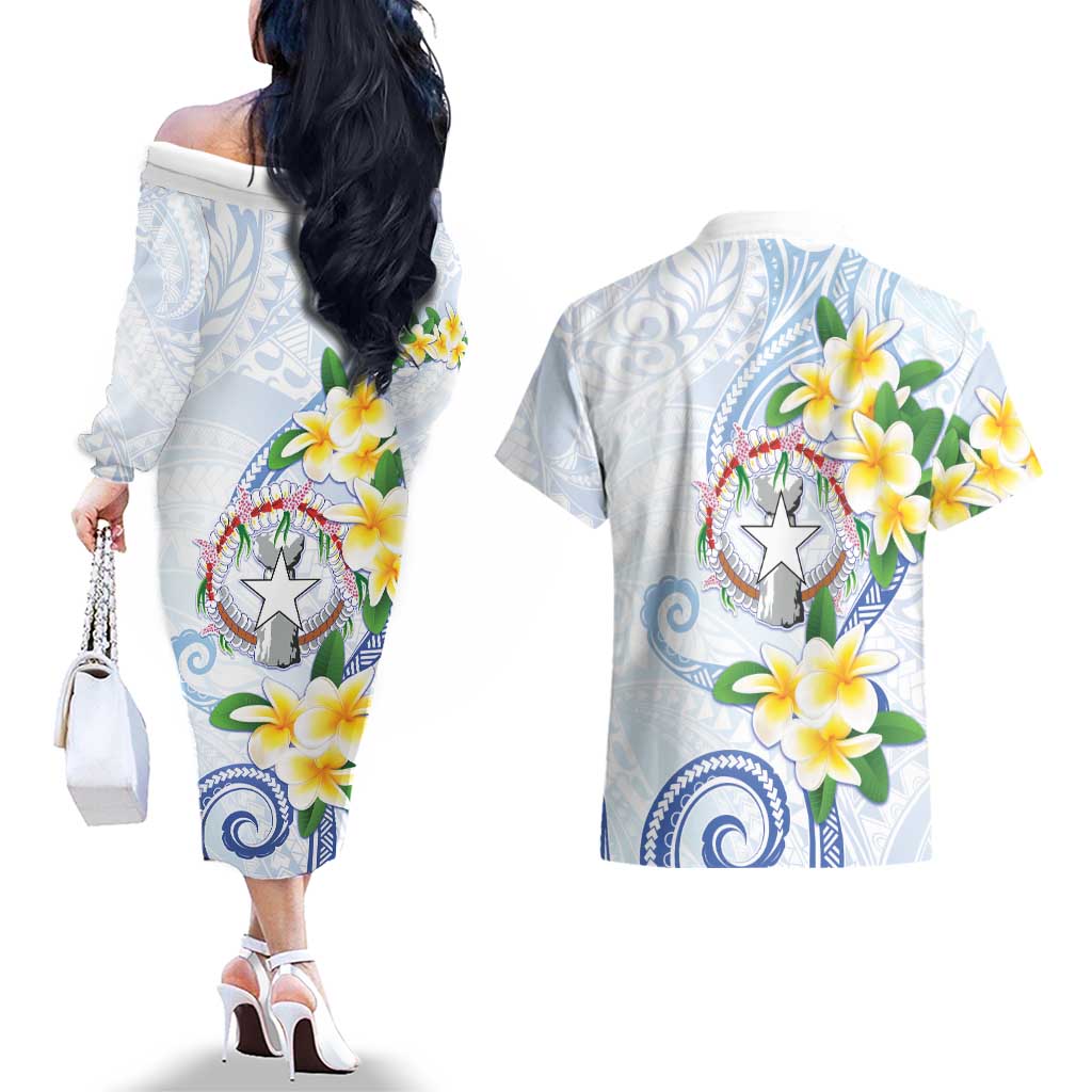 Northern Mariana Islands Chamorro Couples Matching Off The Shoulder Long Sleeve Dress and Hawaiian Shirt Plumeria Curves Style White Version