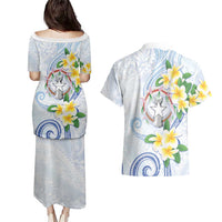 Northern Mariana Islands Chamorro Couples Matching Puletasi and Hawaiian Shirt Plumeria Curves Style White Version LT05 - Polynesian Pride