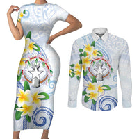 Northern Mariana Islands Chamorro Couples Matching Short Sleeve Bodycon Dress and Long Sleeve Button Shirt Plumeria Curves Style White Version