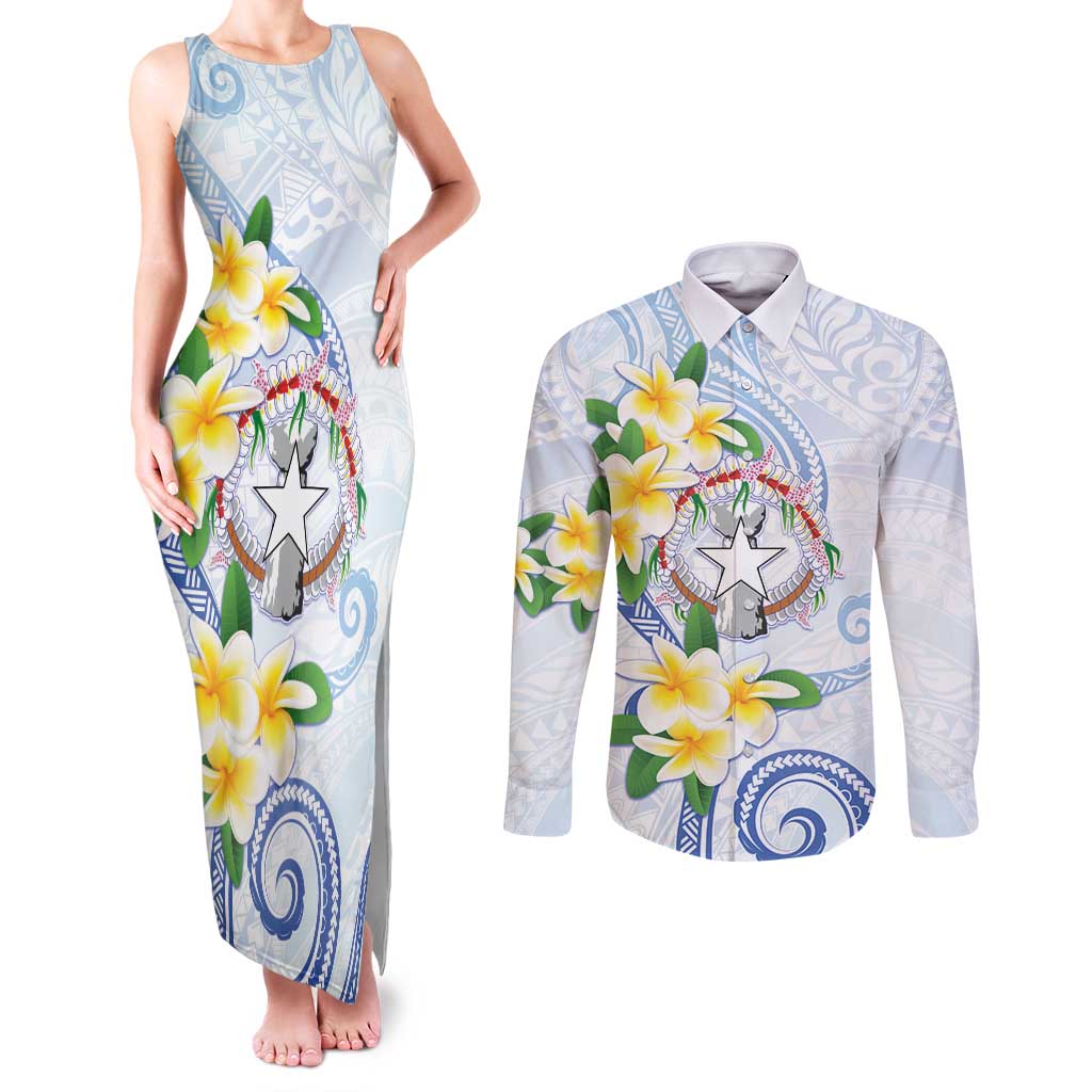 Northern Mariana Islands Chamorro Couples Matching Tank Maxi Dress and Long Sleeve Button Shirt Plumeria Curves Style White Version