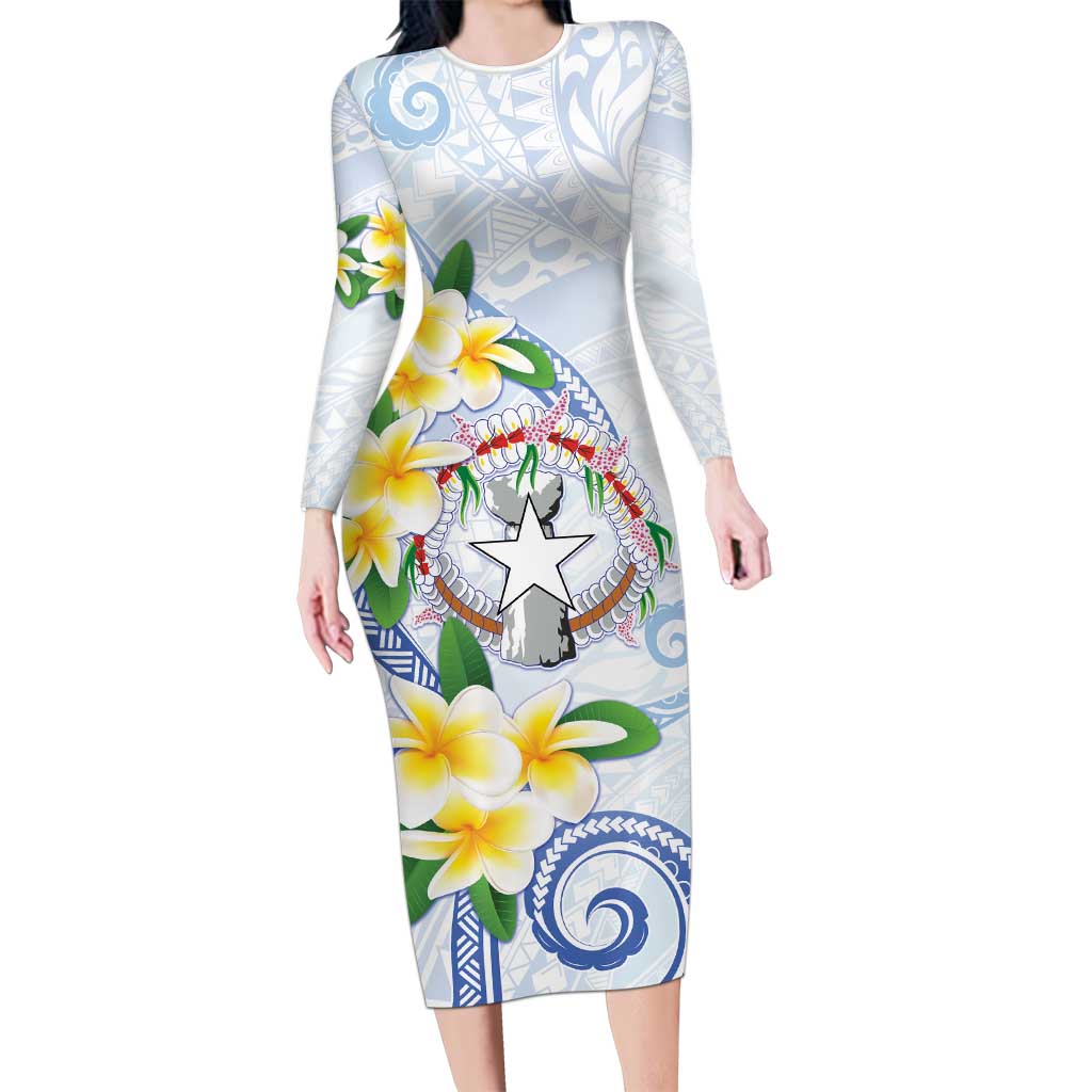 Northern Mariana Islands Chamorro Family Matching Long Sleeve Bodycon Dress and Hawaiian Shirt Plumeria Curves Style White Version