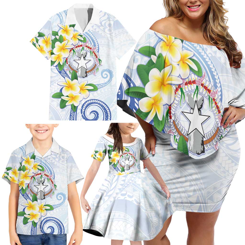Northern Mariana Islands Chamorro Family Matching Off Shoulder Short Dress and Hawaiian Shirt Plumeria Curves Style White Version