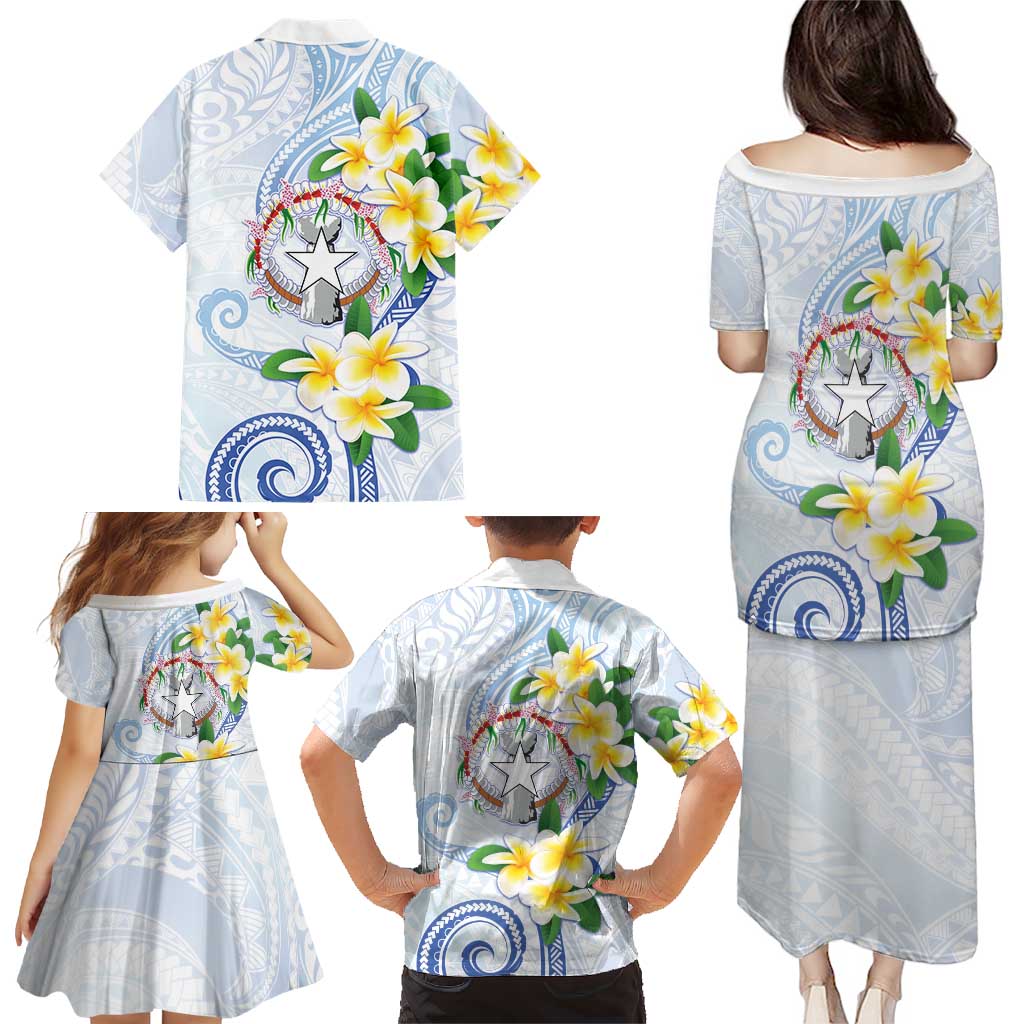 Northern Mariana Islands Chamorro Family Matching Puletasi and Hawaiian Shirt Plumeria Curves Style White Version