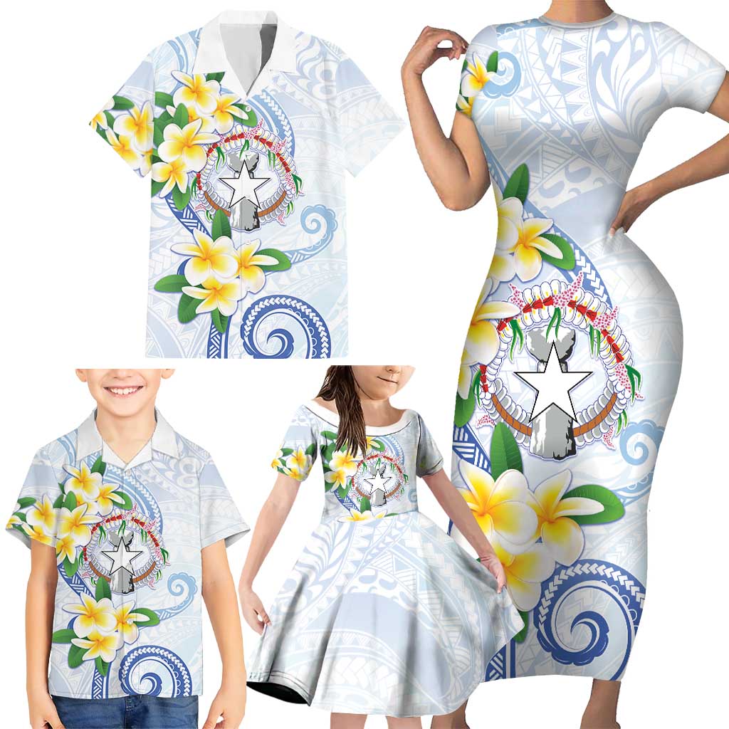 Northern Mariana Islands Chamorro Family Matching Short Sleeve Bodycon Dress and Hawaiian Shirt Plumeria Curves Style White Version
