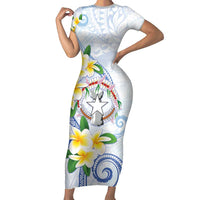 Northern Mariana Islands Chamorro Family Matching Short Sleeve Bodycon Dress and Hawaiian Shirt Plumeria Curves Style White Version