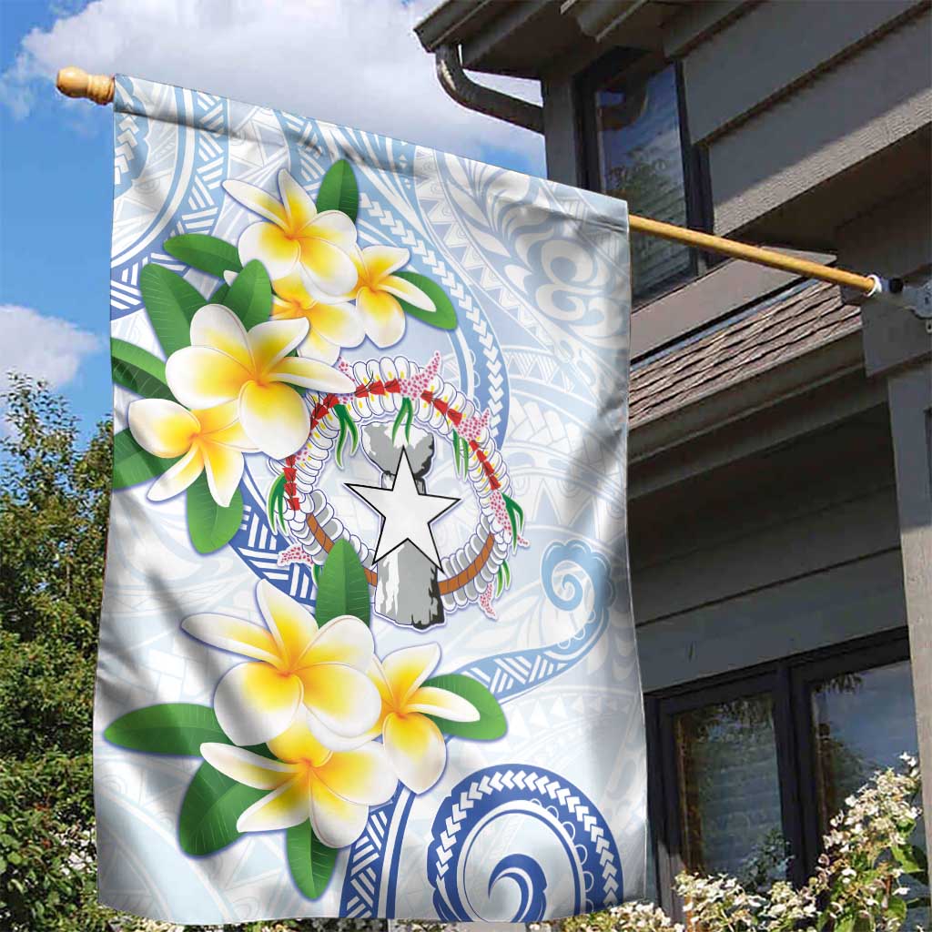 Northern Mariana Islands Chamorro Garden Flag Plumeria Curves Style White Version LT05 - Polynesian Pride