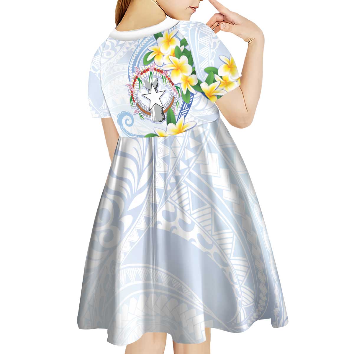 Northern Mariana Islands Chamorro Kid Short Sleeve Dress Plumeria Curves Style White Version LT05 - Polynesian Pride
