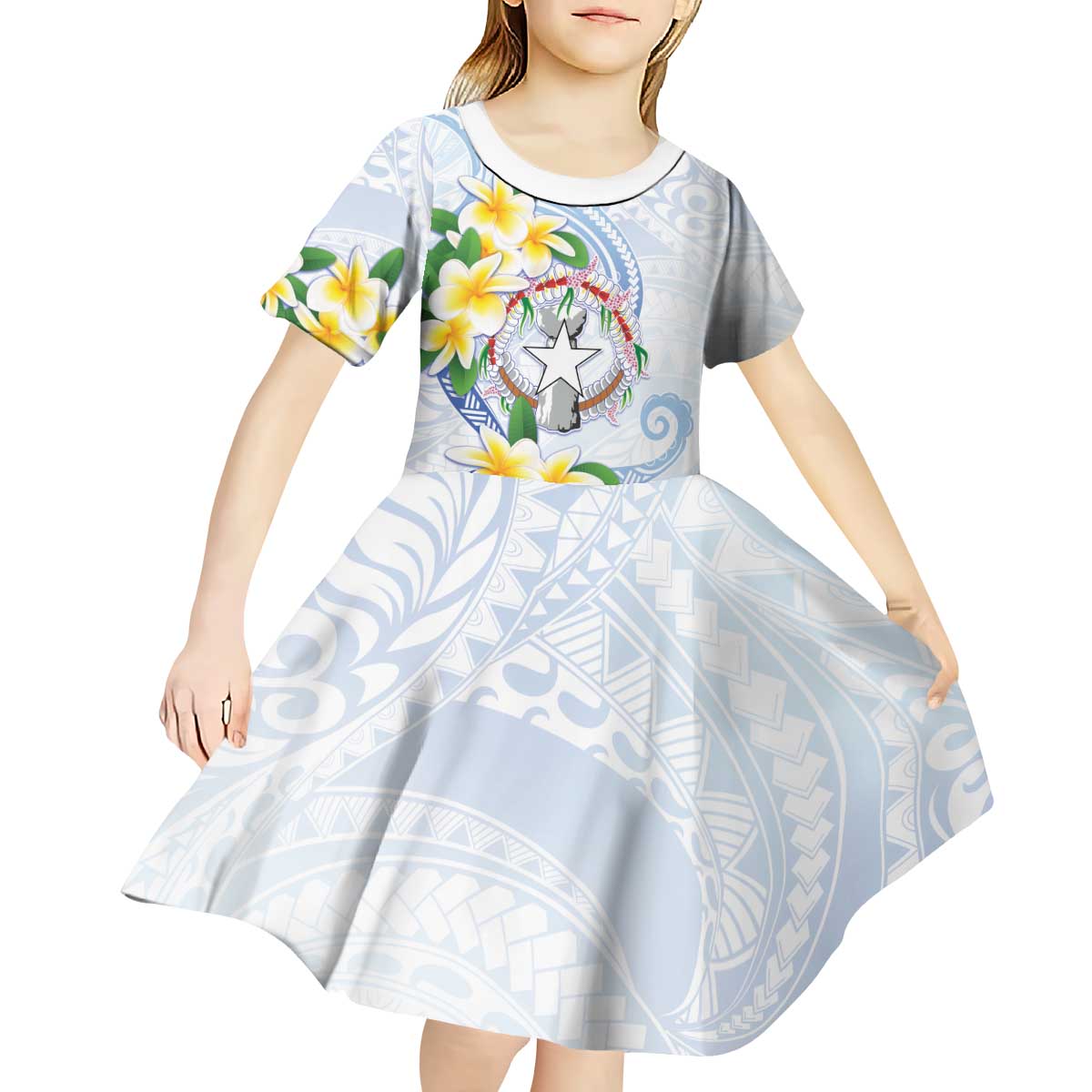Northern Mariana Islands Chamorro Kid Short Sleeve Dress Plumeria Curves Style White Version LT05 - Polynesian Pride
