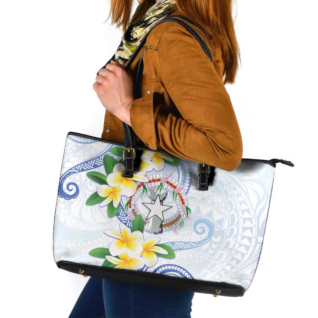 Northern Mariana Islands Chamorro Leather Tote Bag Plumeria Curves Style White Version