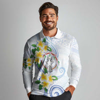 Northern Mariana Islands Chamorro Long Sleeve Polo Shirt Plumeria Curves Style White Version LT05 - Polynesian Pride