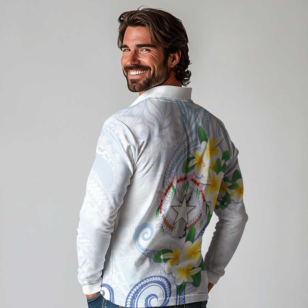 Northern Mariana Islands Chamorro Long Sleeve Polo Shirt Plumeria Curves Style White Version LT05 - Polynesian Pride