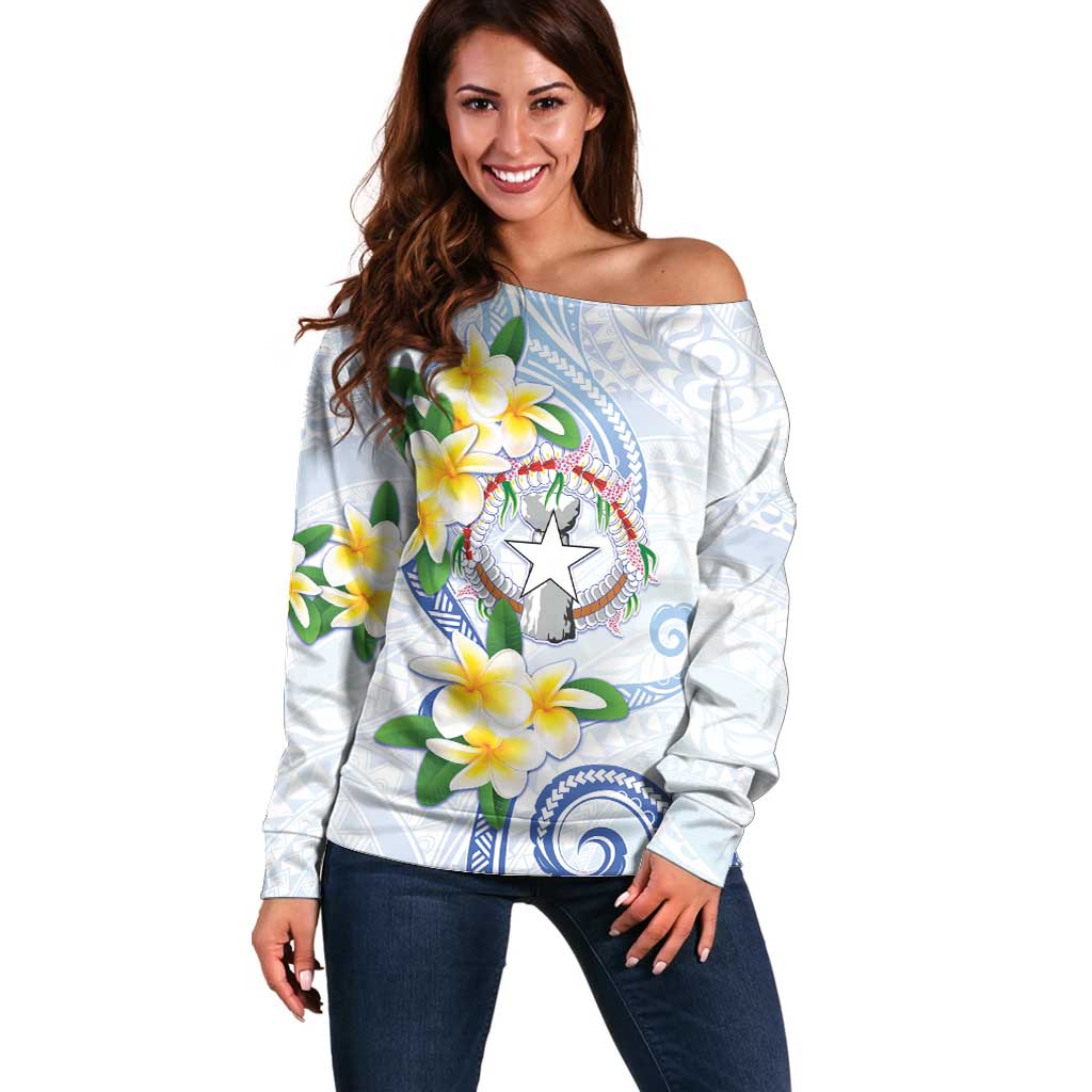 Northern Mariana Islands Chamorro Off Shoulder Sweater Plumeria Curves Style White Version LT05 Women White - Polynesian Pride