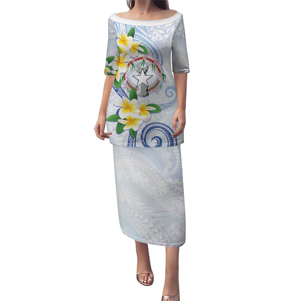 Northern Mariana Islands Chamorro Puletasi Plumeria Curves Style White Version LT05 Long Dress White - Polynesian Pride
