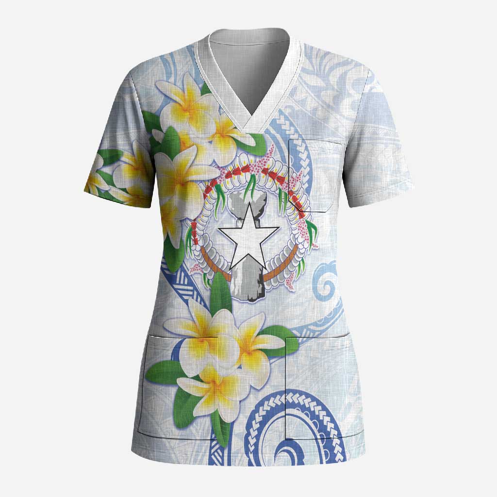 Northern Mariana Islands Chamorro Scrub Top Plumeria Curves Style White Version