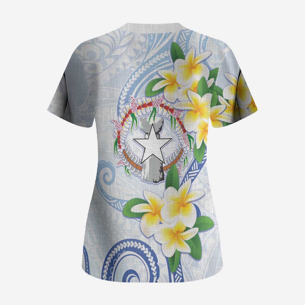 Northern Mariana Islands Chamorro Scrub Top Plumeria Curves Style White Version