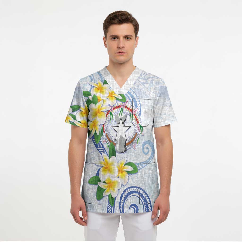 Northern Mariana Islands Chamorro Scrub Top Plumeria Curves Style White Version
