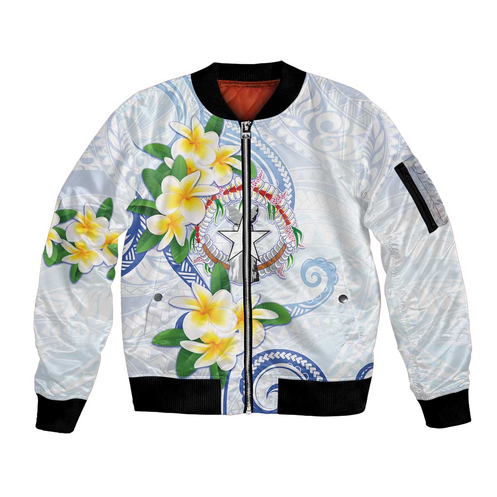 Northern Mariana Islands Chamorro Sleeve Zip Bomber Jacket Plumeria Curves Style White Version LT05 Unisex White - Polynesian Pride