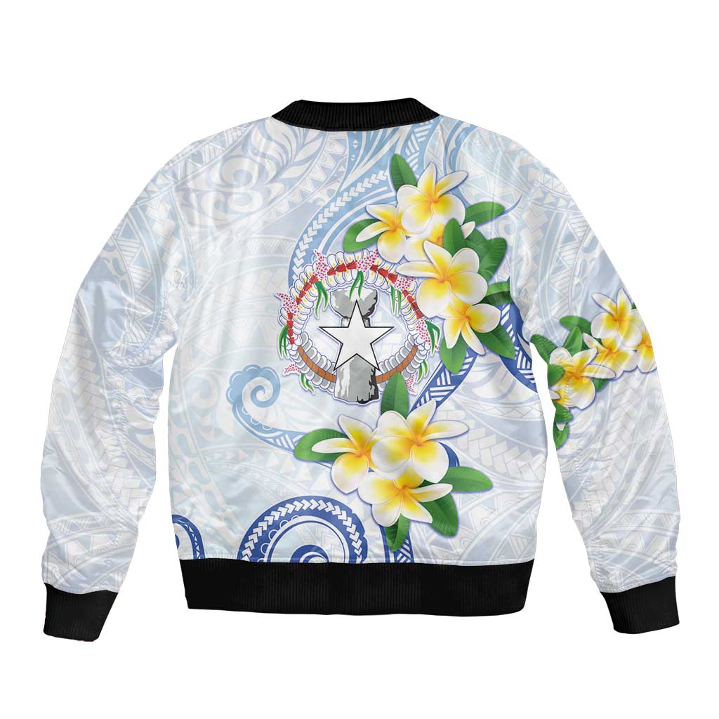 Northern Mariana Islands Chamorro Sleeve Zip Bomber Jacket Plumeria Curves Style White Version LT05 - Polynesian Pride