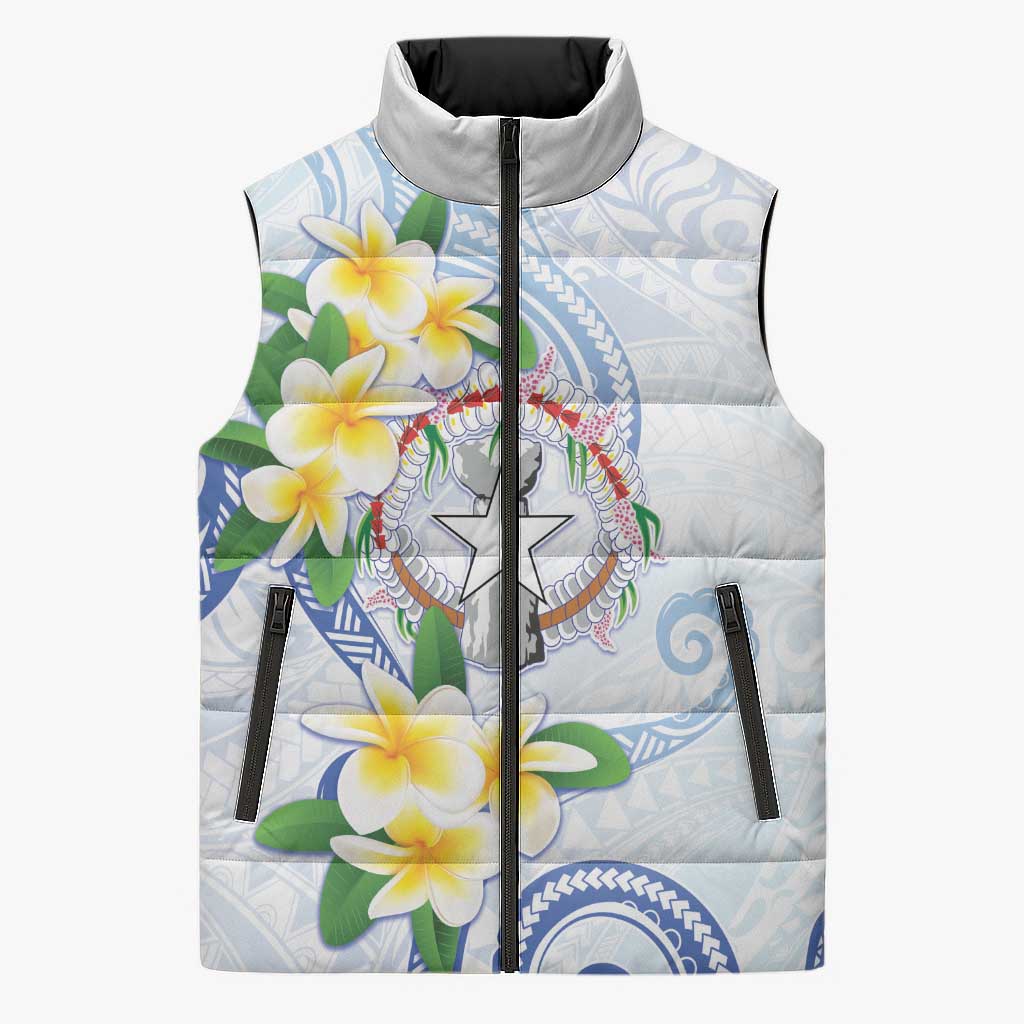 Northern Mariana Islands Chamorro Sleeveless Puffer Jacket Plumeria Curves Style White Version