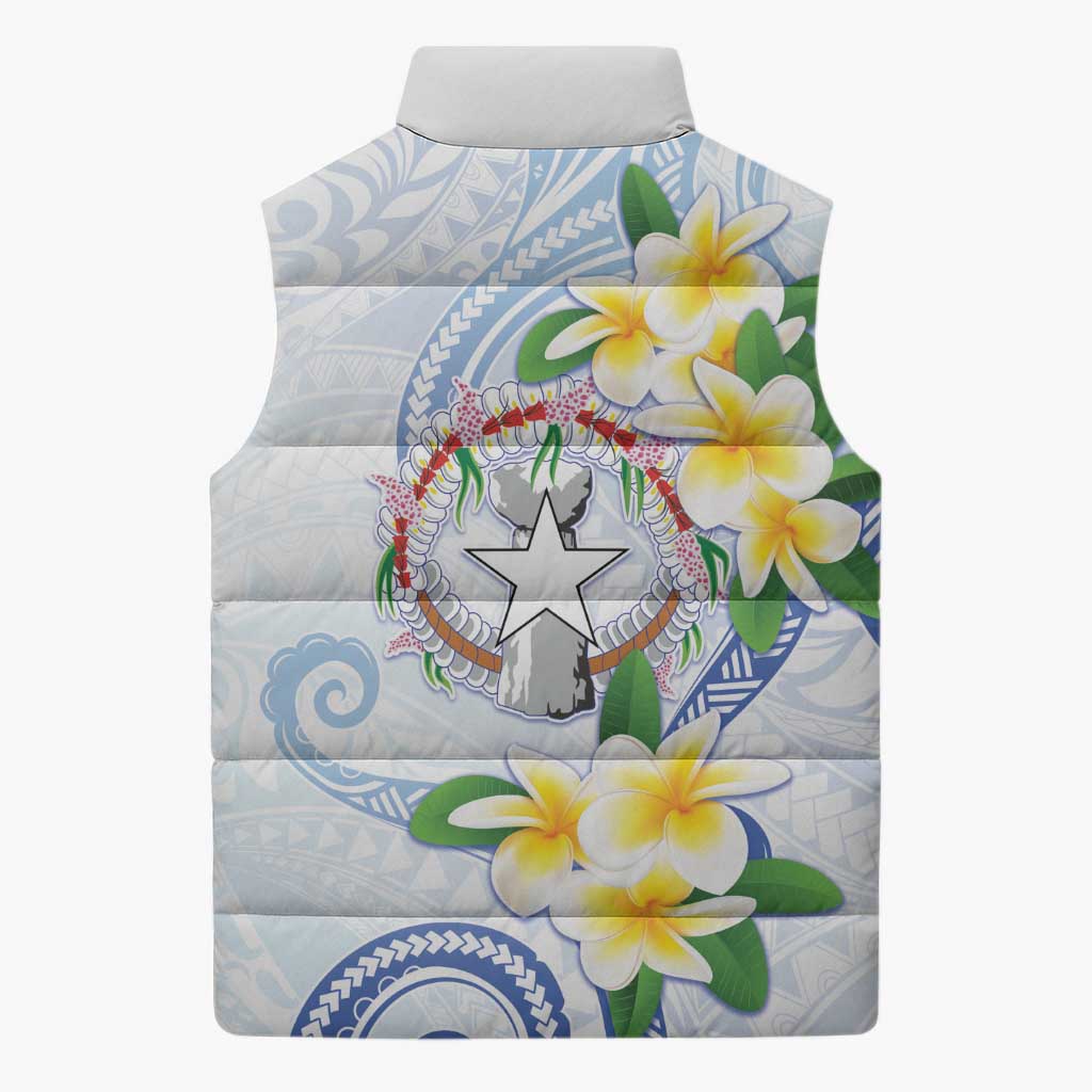 Northern Mariana Islands Chamorro Sleeveless Puffer Jacket Plumeria Curves Style White Version LT05 - Polynesian Pride
