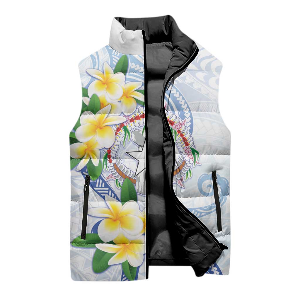 Northern Mariana Islands Chamorro Sleeveless Puffer Jacket Plumeria Curves Style White Version LT05 - Polynesian Pride