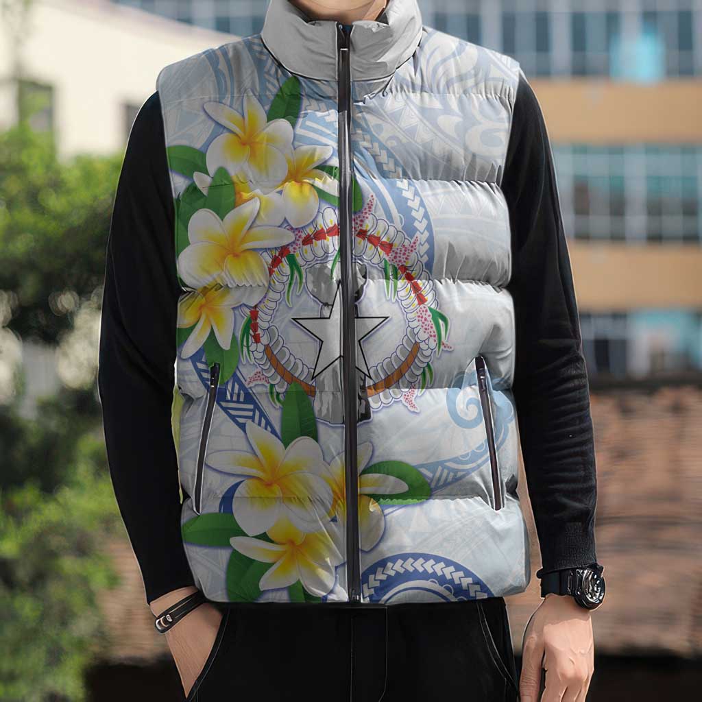 Northern Mariana Islands Chamorro Sleeveless Puffer Jacket Plumeria Curves Style White Version LT05 - Polynesian Pride