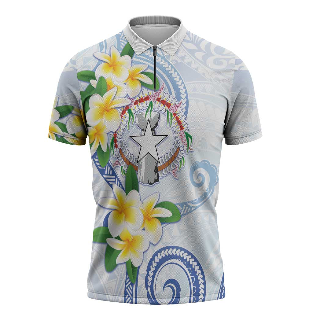 Northern Mariana Islands Chamorro Zipper Polo Shirt Plumeria Curves Style White Version LT05 White - Polynesian Pride