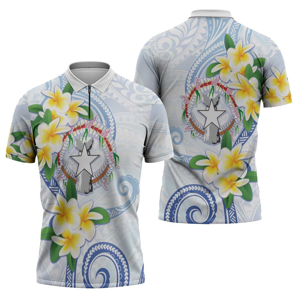 Northern Mariana Islands Chamorro Zipper Polo Shirt Plumeria Curves Style White Version LT05 - Polynesian Pride