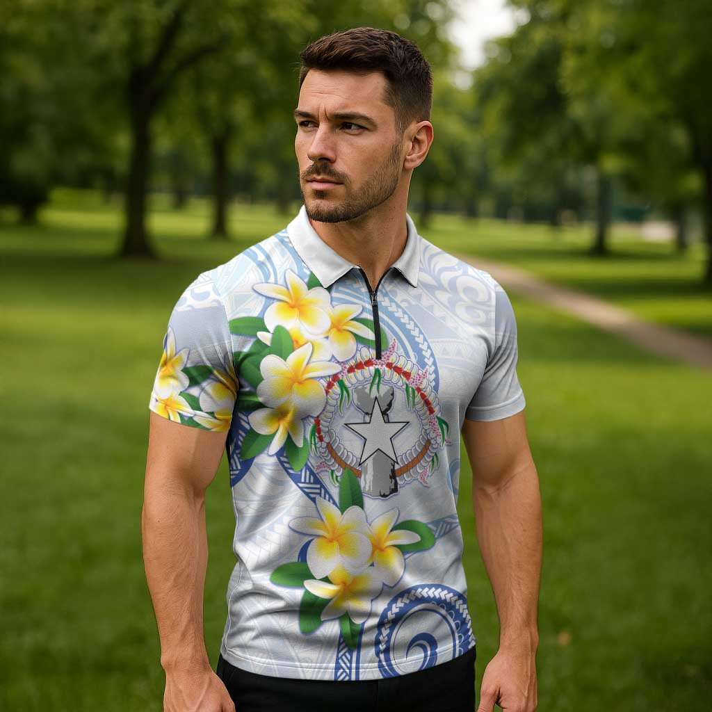 Northern Mariana Islands Chamorro Zipper Polo Shirt Plumeria Curves Style White Version LT05 - Polynesian Pride