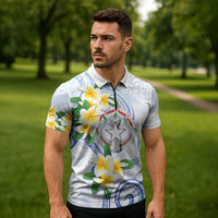 Northern Mariana Islands Chamorro Zipper Polo Shirt Plumeria Curves Style White Version LT05 - Polynesian Pride