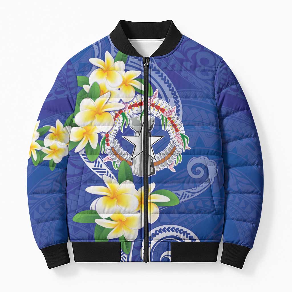 Northern Mariana Islands Chamorro Bomber Puffer Jacket Plumeria Curves Style Navy Version LT05 Unisex Navy - Polynesian Pride