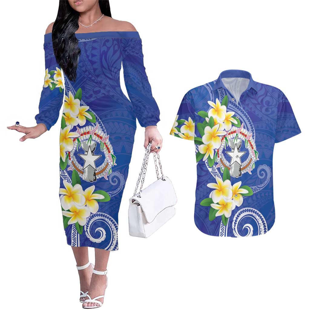 Northern Mariana Islands Chamorro Couples Matching Off The Shoulder Long Sleeve Dress and Hawaiian Shirt Plumeria Curves Style Navy Version