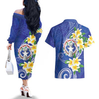 Northern Mariana Islands Chamorro Couples Matching Off The Shoulder Long Sleeve Dress and Hawaiian Shirt Plumeria Curves Style Navy Version