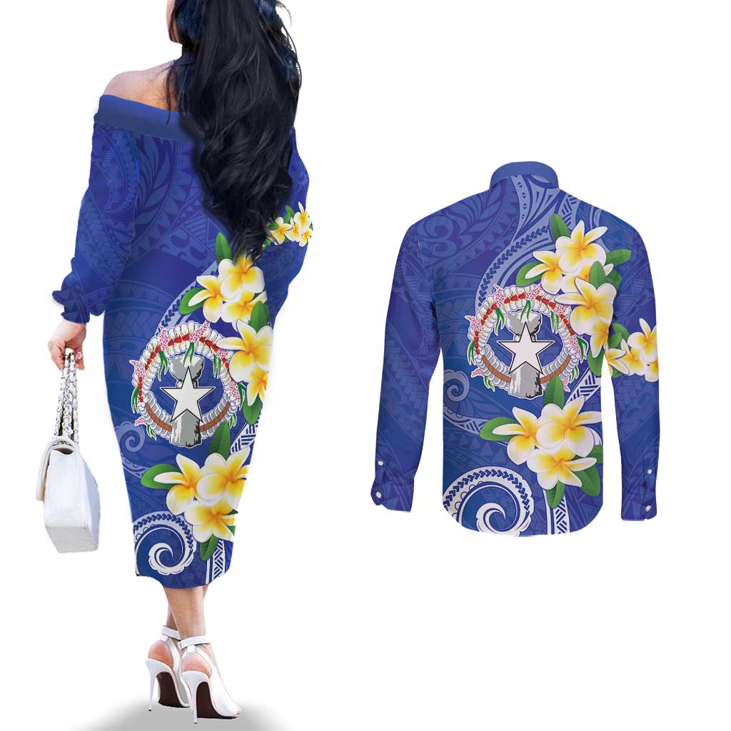 Northern Mariana Islands Chamorro Couples Matching Off The Shoulder Long Sleeve Dress and Long Sleeve Button Shirt Plumeria Curves Style Navy Version
