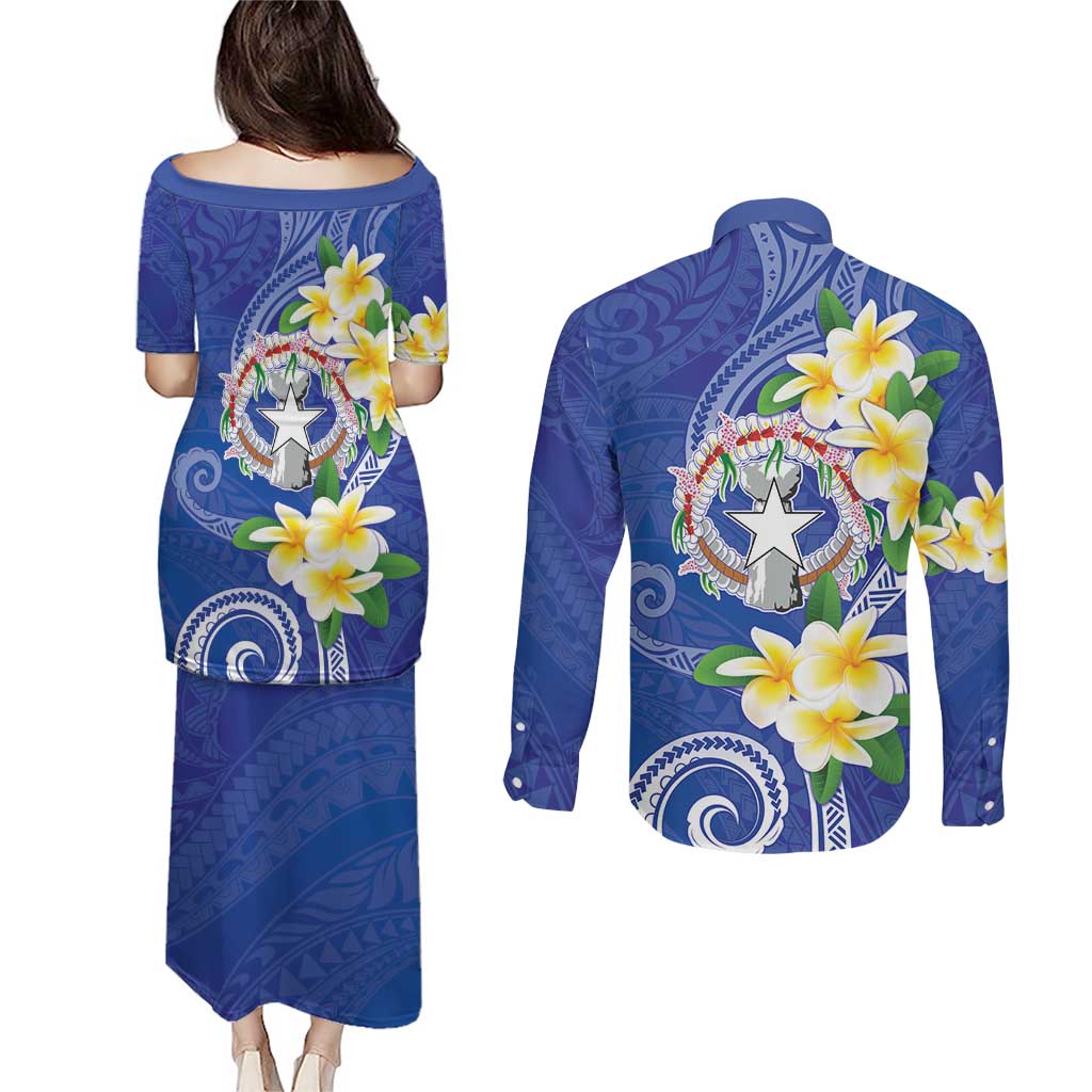 Northern Mariana Islands Chamorro Couples Matching Puletasi and Long Sleeve Button Shirt Plumeria Curves Style Navy Version LT05 - Polynesian Pride