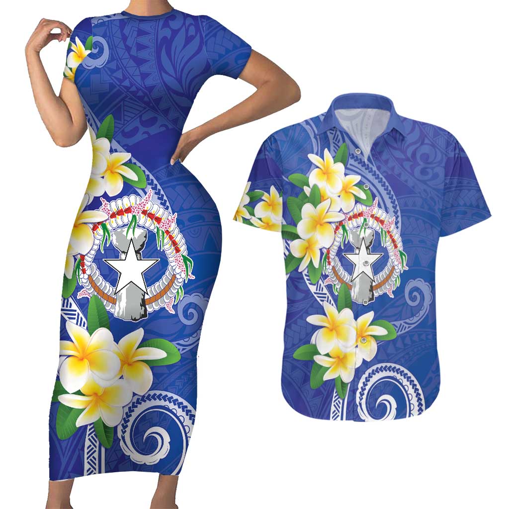 Northern Mariana Islands Chamorro Couples Matching Short Sleeve Bodycon Dress and Hawaiian Shirt Plumeria Curves Style Navy Version
