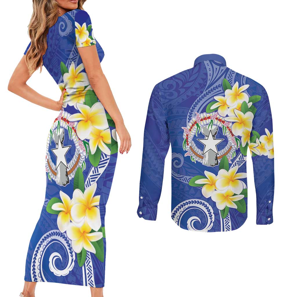 Northern Mariana Islands Chamorro Couples Matching Short Sleeve Bodycon Dress and Long Sleeve Button Shirt Plumeria Curves Style Navy Version