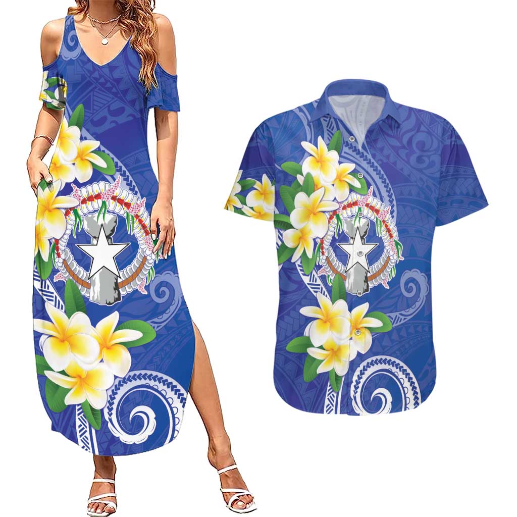 Northern Mariana Islands Chamorro Couples Matching Summer Maxi Dress and Hawaiian Shirt Plumeria Curves Style Navy Version