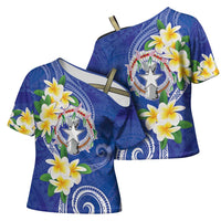 Northern Mariana Islands Chamorro Cross Shoulder Shirt Plumeria Curves Style Navy Version LT05 - Polynesian Pride