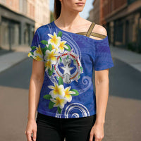 Northern Mariana Islands Chamorro Cross Shoulder Shirt Plumeria Curves Style Navy Version LT05 - Polynesian Pride