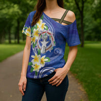 Northern Mariana Islands Chamorro Cross Shoulder Shirt Plumeria Curves Style Navy Version LT05 - Polynesian Pride