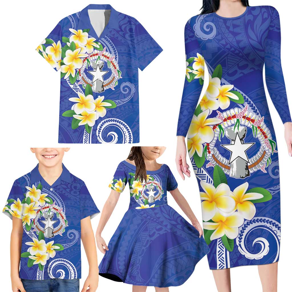Northern Mariana Islands Chamorro Family Matching Long Sleeve Bodycon Dress and Hawaiian Shirt Plumeria Curves Style Navy Version