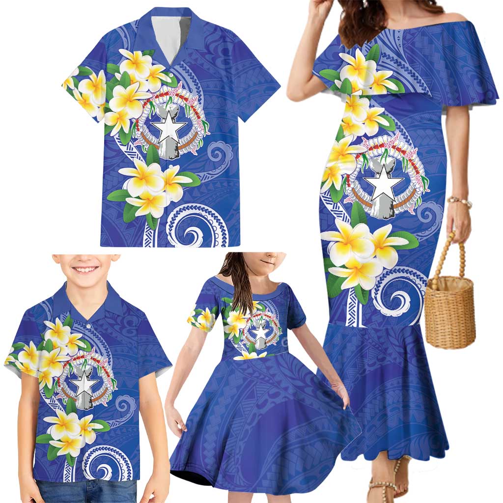 Northern Mariana Islands Chamorro Family Matching Mermaid Dress and Hawaiian Shirt Plumeria Curves Style Navy Version