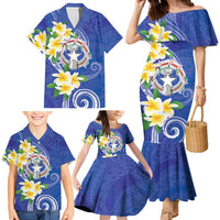 Northern Mariana Islands Chamorro Family Matching Mermaid Dress and Hawaiian Shirt Plumeria Curves Style Navy Version