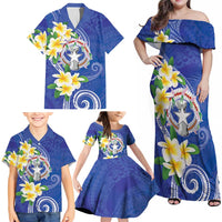 Northern Mariana Islands Chamorro Family Matching Off Shoulder Maxi Dress and Hawaiian Shirt Plumeria Curves Style Navy Version