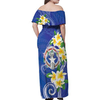 Northern Mariana Islands Chamorro Family Matching Off Shoulder Maxi Dress and Hawaiian Shirt Plumeria Curves Style Navy Version