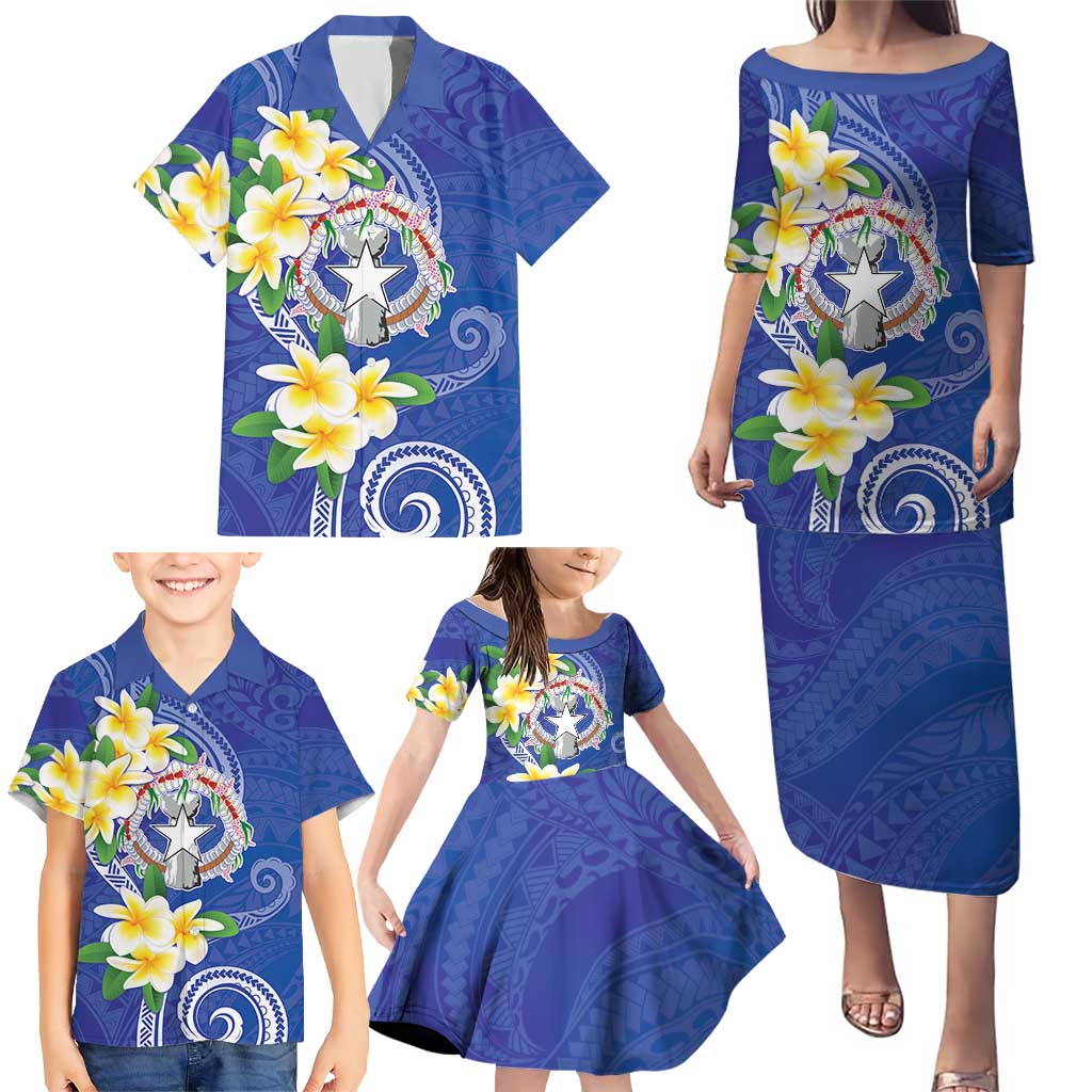 Northern Mariana Islands Chamorro Family Matching Puletasi and Hawaiian Shirt Plumeria Curves Style Navy Version