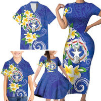 Northern Mariana Islands Chamorro Family Matching Short Sleeve Bodycon Dress and Hawaiian Shirt Plumeria Curves Style Navy Version