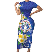 Northern Mariana Islands Chamorro Family Matching Short Sleeve Bodycon Dress and Hawaiian Shirt Plumeria Curves Style Navy Version