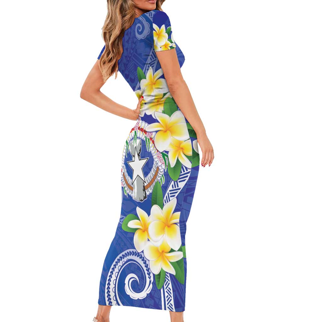 Northern Mariana Islands Chamorro Family Matching Short Sleeve Bodycon Dress and Hawaiian Shirt Plumeria Curves Style Navy Version